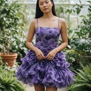 White House Black Market Purple Floral Spaghetti Strap Ruffle Dress Size 00